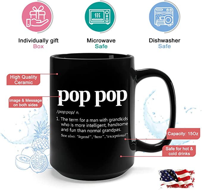 HAMIA Pop Pop Funny Definition Coffee or Tea Mug Dictionary Entry Grandpa Quote Saying Gag Joke for Cool Grandfather Men Guys for Fathers Day from Grandkids Black 15 oz Ceramic Cup