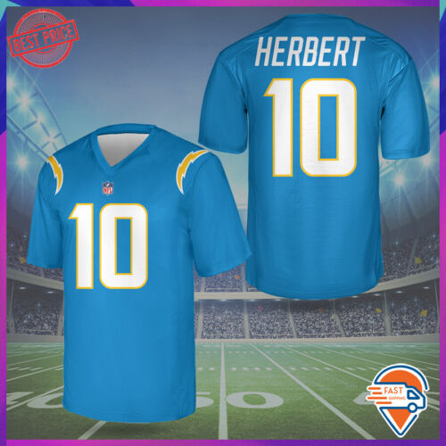Justin Herbert #10 Chargers 2022-23 Season Jersey T-shirt Light Blue All Sizes