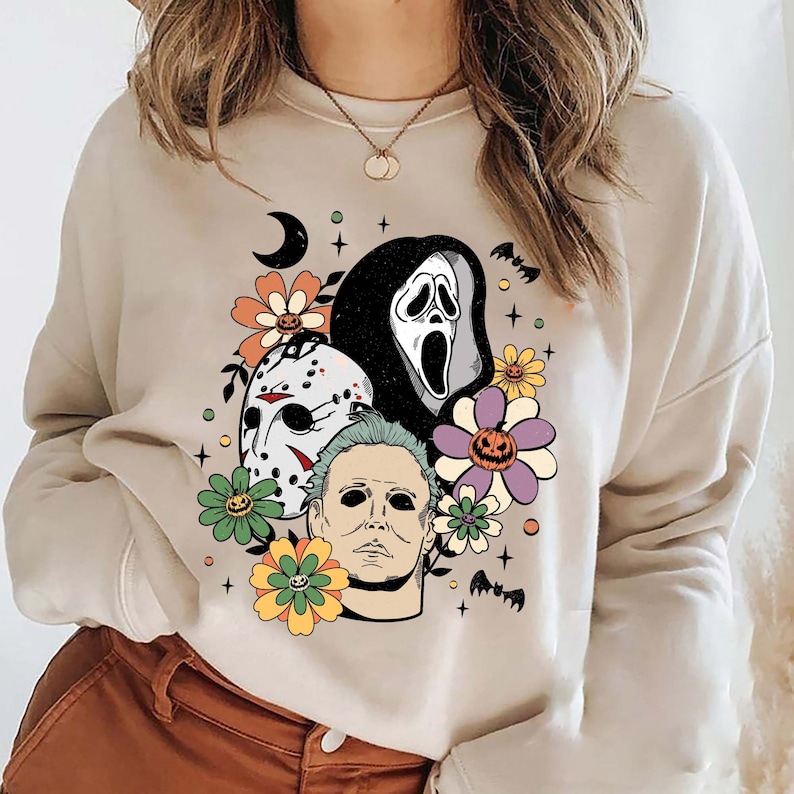 Floral Horror Characters Halloween Sweatshirt, Ghostface Halloween, Michael Myers, Horror Movie Sweatshirt